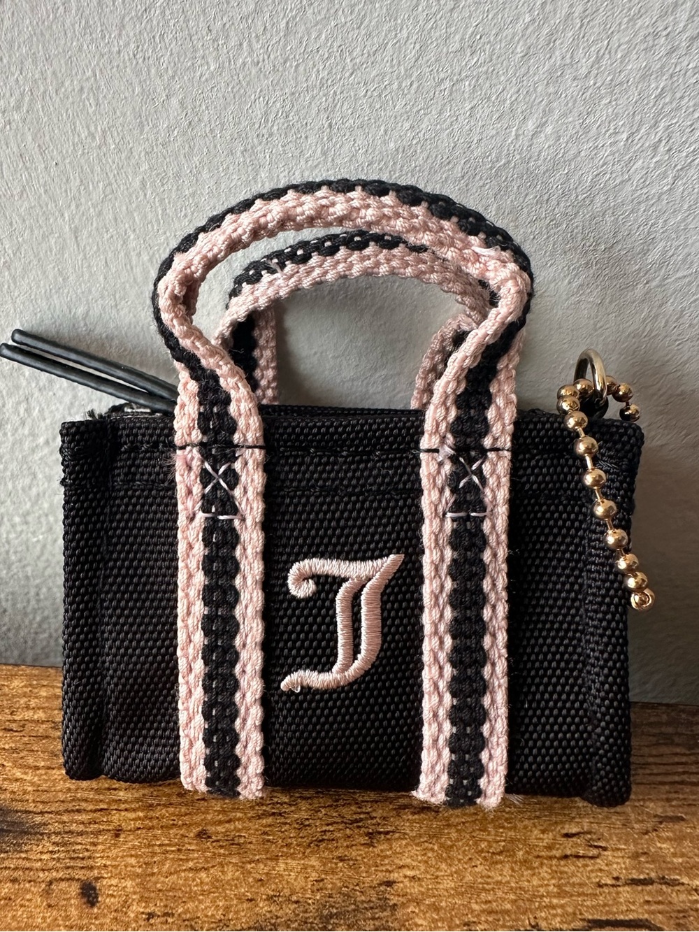Juicy Couture Black and Pink Mini Tote Bag Charm Keychain w/ J Embroidered NWOT